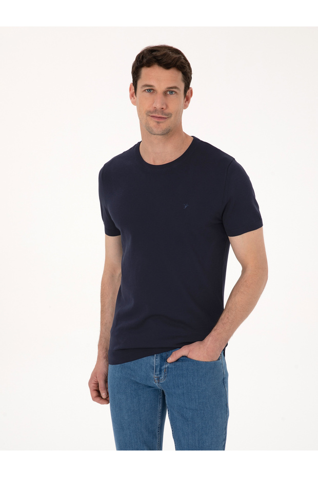 Navy Blue Slim Fit Crew Neck Knitwear T-Shirt 50309840-Vr033