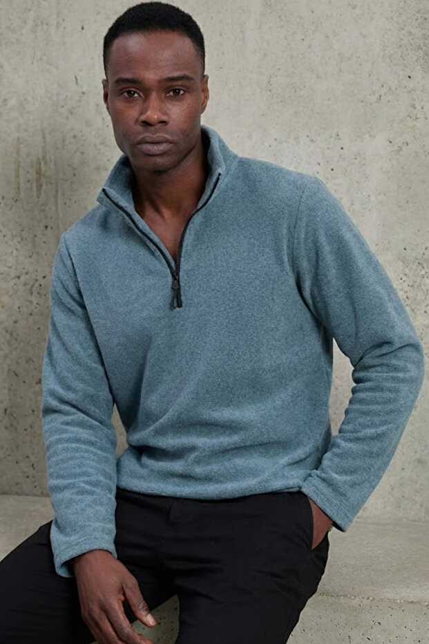 Men's Blue Fit Mock Neck Half Zip Sweatshirt Fleece