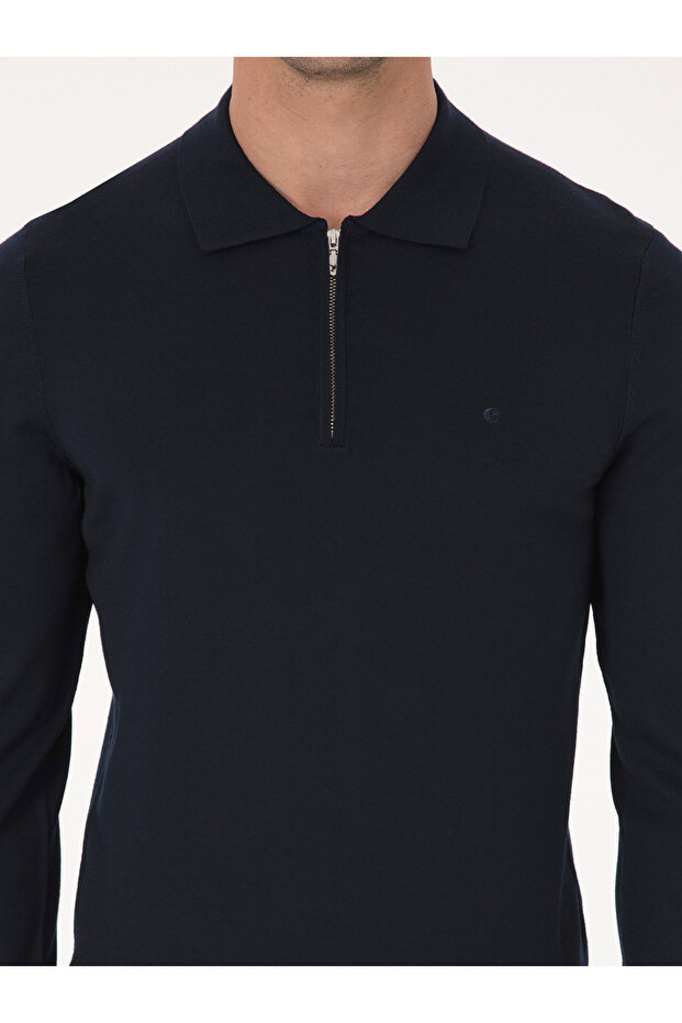 Lacivert Regular Fit Yün Karışımlı Fermuarlı Polo Yaka Basic Triko Kazak 50318901-VR033 - 6