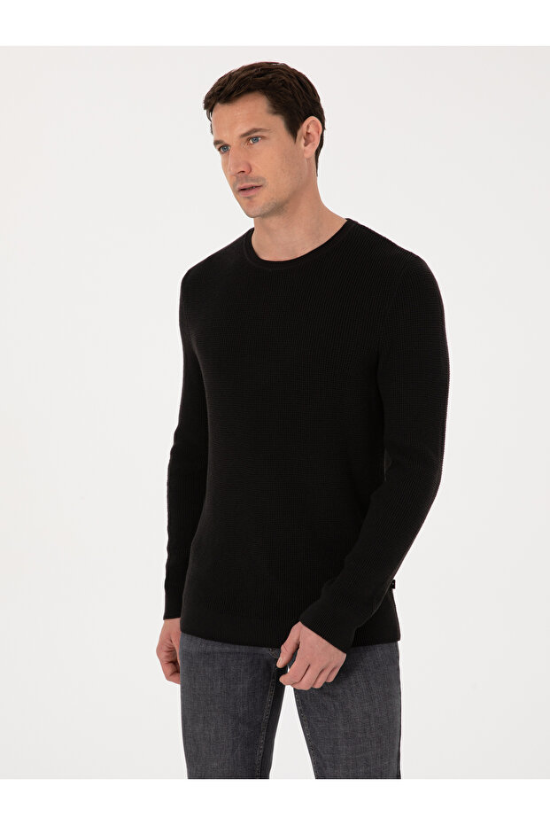 Black Slim Fit Cotton Blend Crew Neck Knitwear Sweater 50318983-Vr046