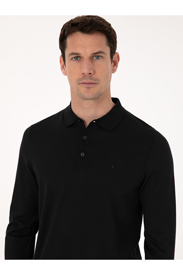 Siyah Regular Fit Yün Karışımlı Polo Yaka Basic Triko Kazak 50318855-VR046 - 2