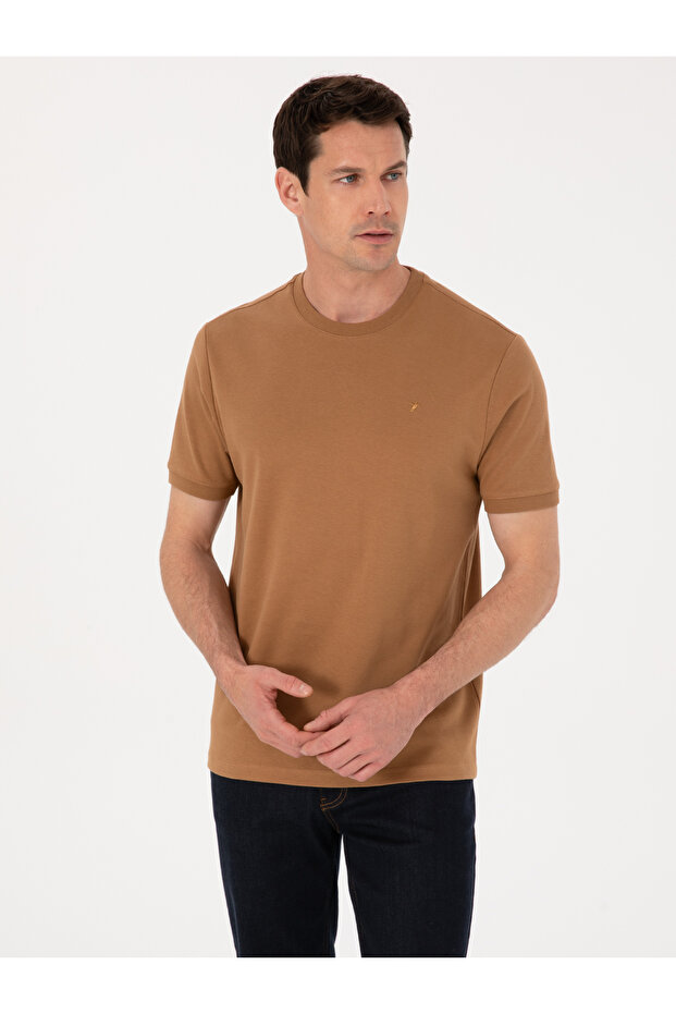 Kahverengi Regular Fit %100 Pamuk Bisiklet Yaka Basic T-shirt 50319801-VR153 - 1