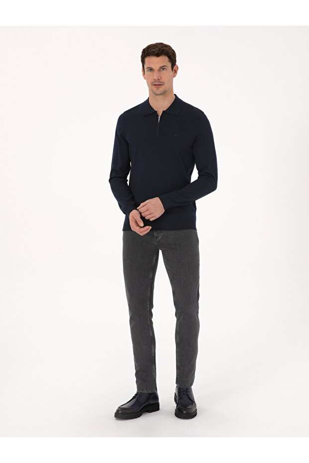 Lacivert Regular Fit Yün Karışımlı Fermuarlı Polo Yaka Basic Triko Kazak 50318901-VR033 - 4