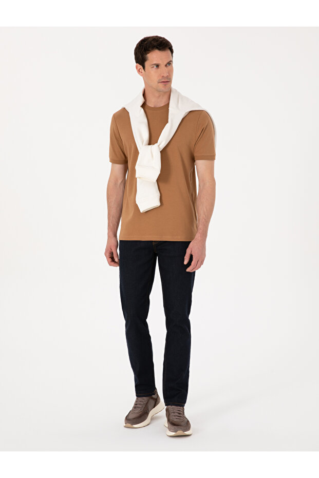 Kahverengi Regular Fit %100 Pamuk Bisiklet Yaka Basic T-shirt 50319801-VR153 - 4