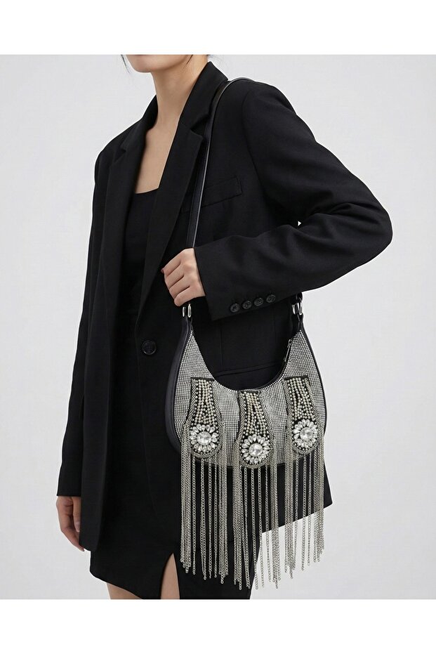 Small Size Hand-Shoulder Evening Bag with Crystal Stone and Chain Tassel Detail