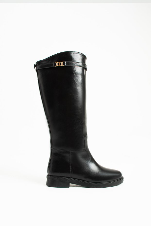 Oriana Buckle Detailed Women's Black Flat Heeled Below-The-Knee Leather Boots