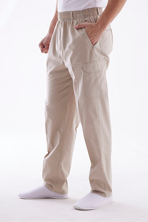 Luxury Men's Beige Relaxed Fit Elastic Waist Linen Hajj and Umrah Pants