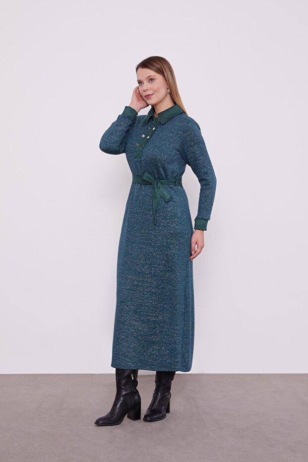 Petrol Green Self Glitter Cashmere Dress