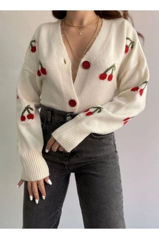 Women's Trend Popular Cherry-Detail Ecru Knit Cardigan