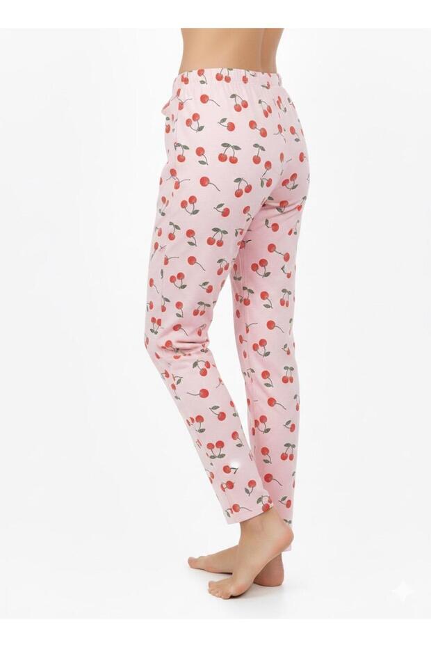 Cotton Thin Breathable Fabric Ribbon Waist Detail Cherry B Printed Women's Pocketless Pajama Bottoms