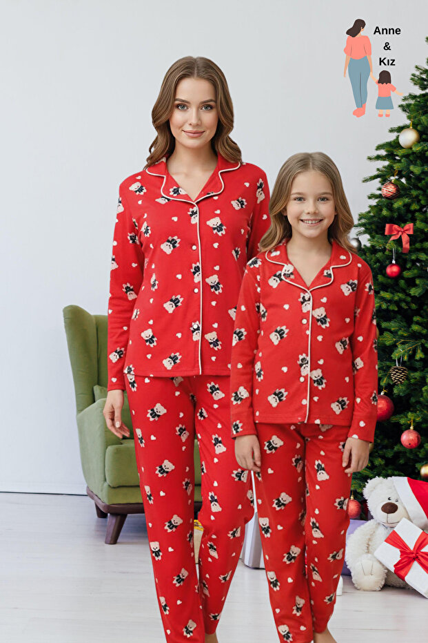 Mother-Daughter Matching Outfit (Sold Separately) Teddy Bear Pattern Shirt Collar Red Pajama Set