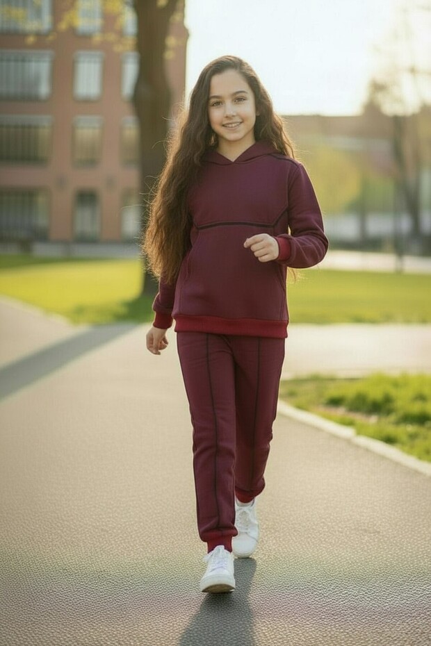 Hooded Girl's Tracksuit Set 2 Yarn Sha Fleece-Lined Amuk