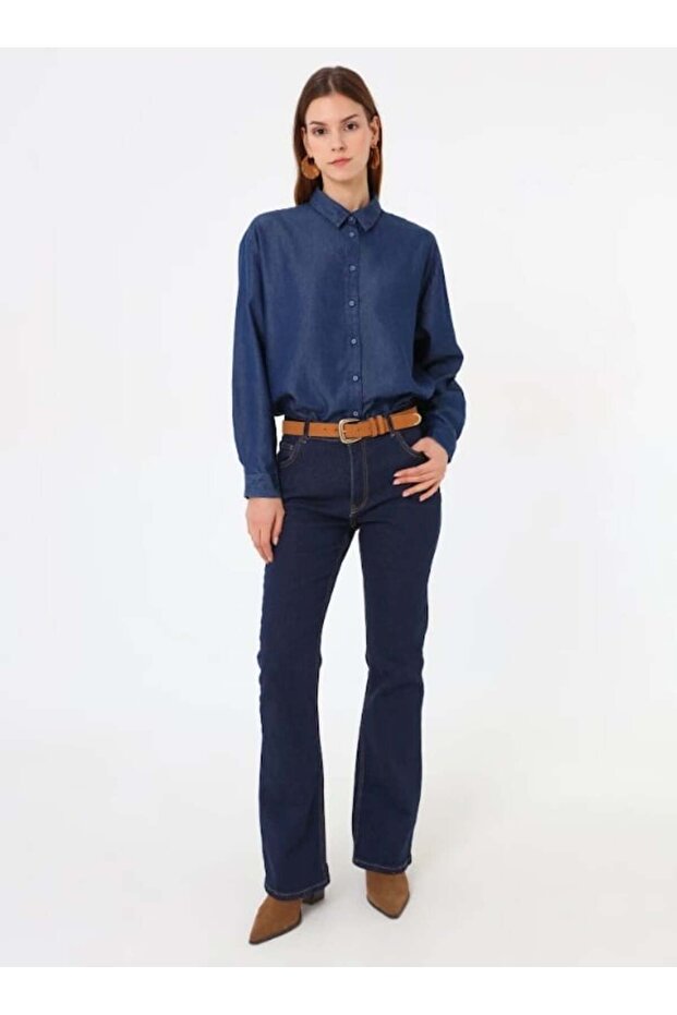 Denim Kumaşlı Basic Bluz/Gömlek - İndigo - - 5