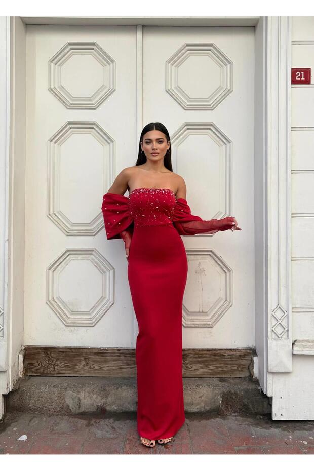 Stretchy Scuba Fabric Strapless Drapey Sleeve Stone and Tulle-Detail Evening Dress 583336 RED