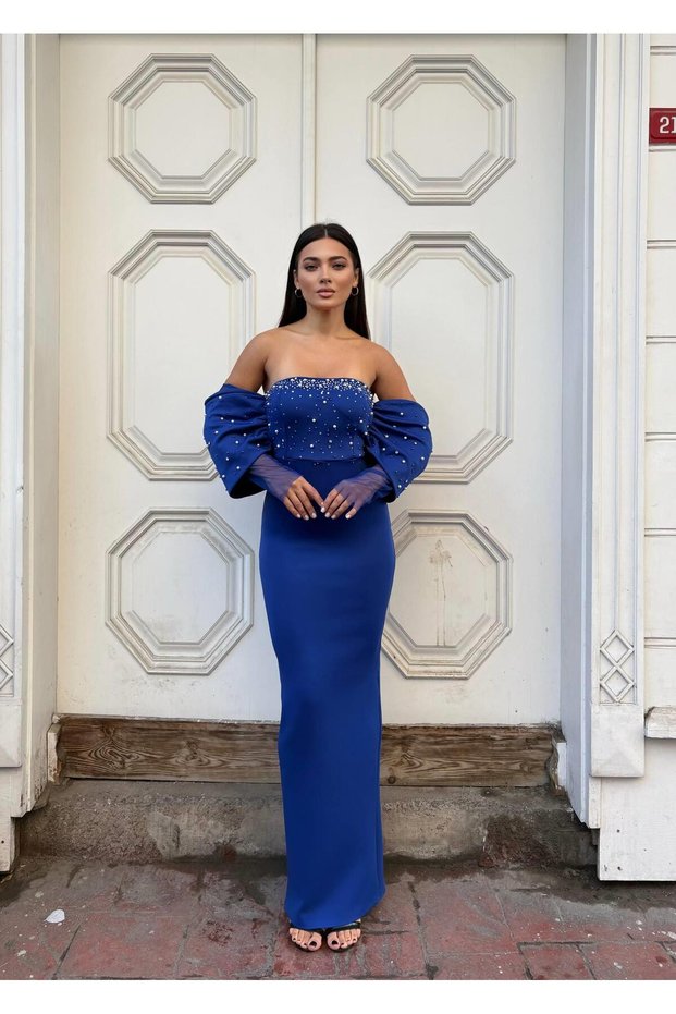 Stretchy Scuba Fabric Strapless Flowy Sleeve Stone and Tulle Detail Evening Dress 583336 Cobalt