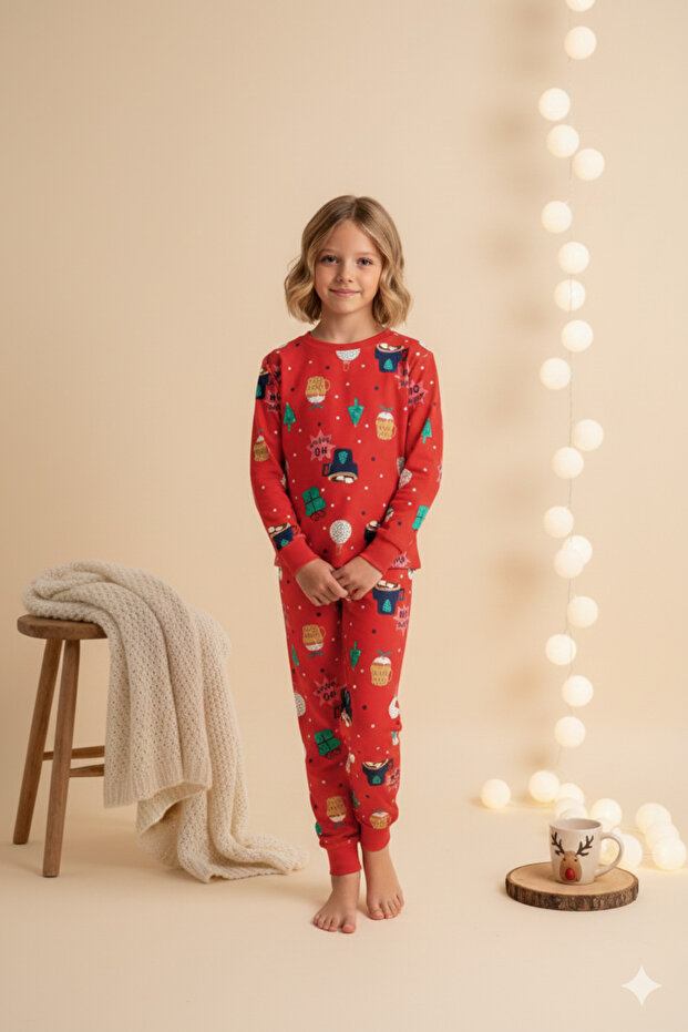 Girl's 100% Cotton Red Christmas Pattern Pajamas Set