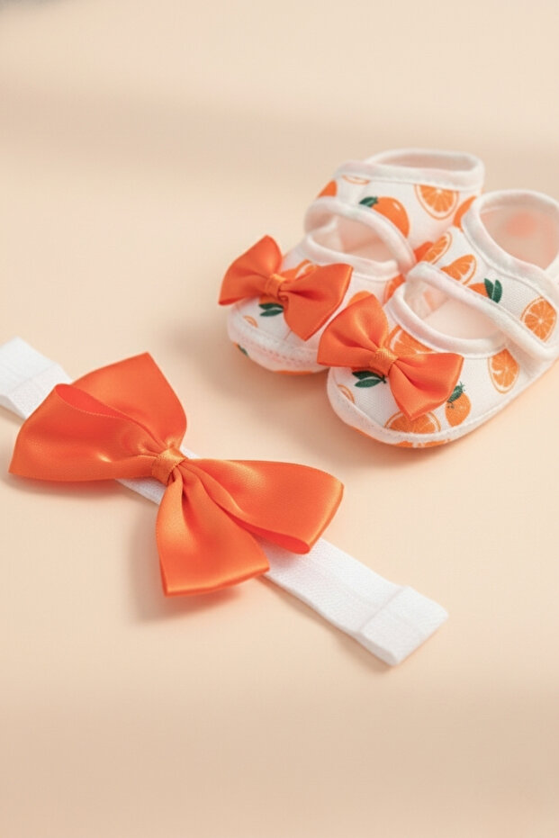 0-3 Months Newborn Orange Patterned Orange-White Baby Bandana Booties Set