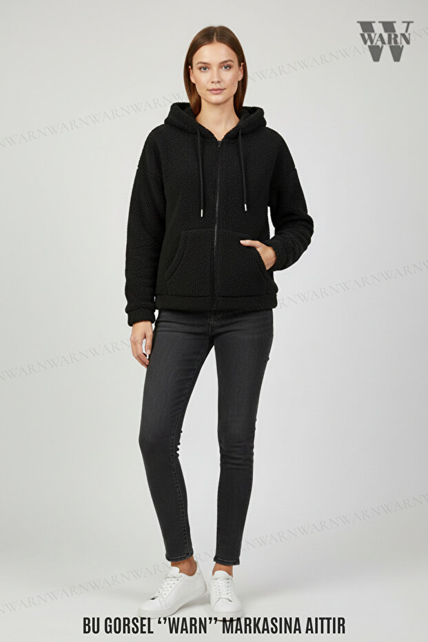 Plush Long Sleeve Hooded Cardigan with Kangaroo Pocket Oversized Winter