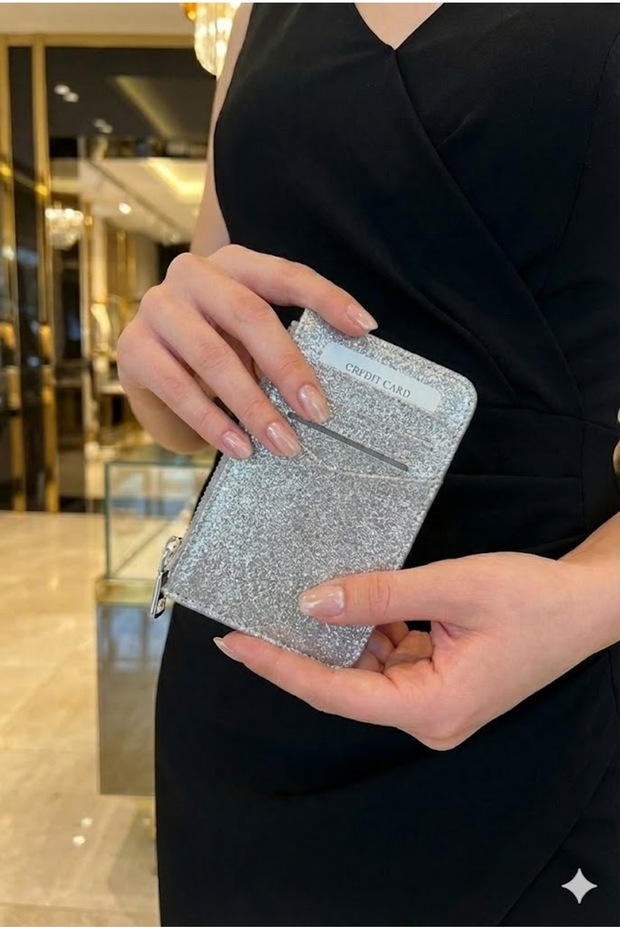 Women's Zippered Glitter Card Holder 9X12Cm