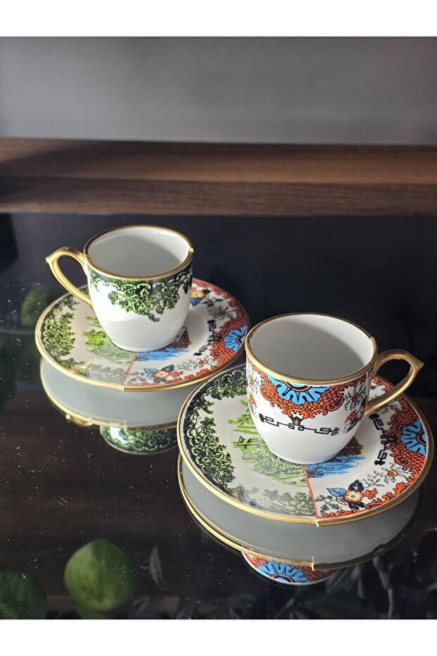 Handmade 4 Piece Porcelain Turkish Coffee Cup Set for 2 People Hybrid 6 Series