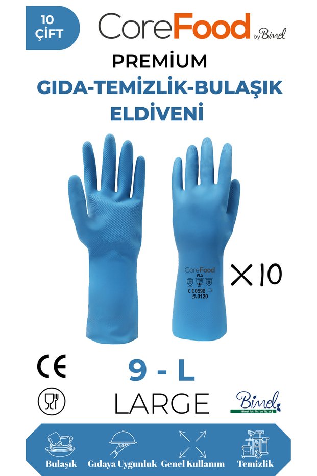 Fl3 Premium Food-Cleaning-Dishwashing Gloves L - 10 Pairs