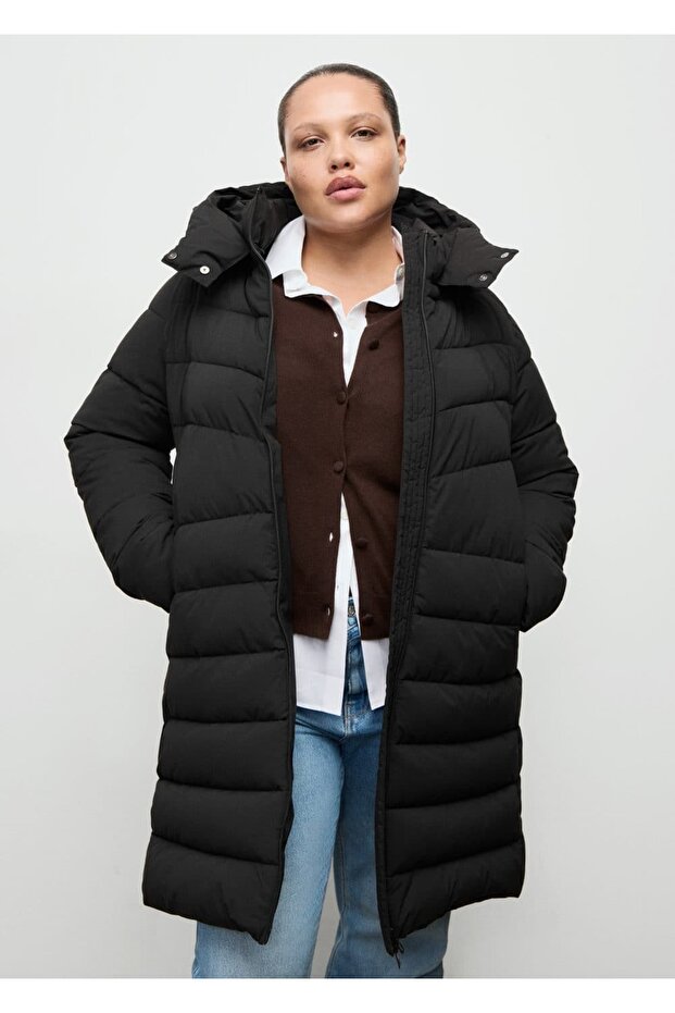 Kapüşonlu midi kapitone anorak - 7