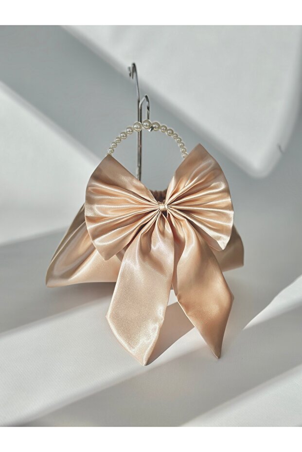 Shiny Beige Bowknot Pearl Portfolio Evening Dress Handbag