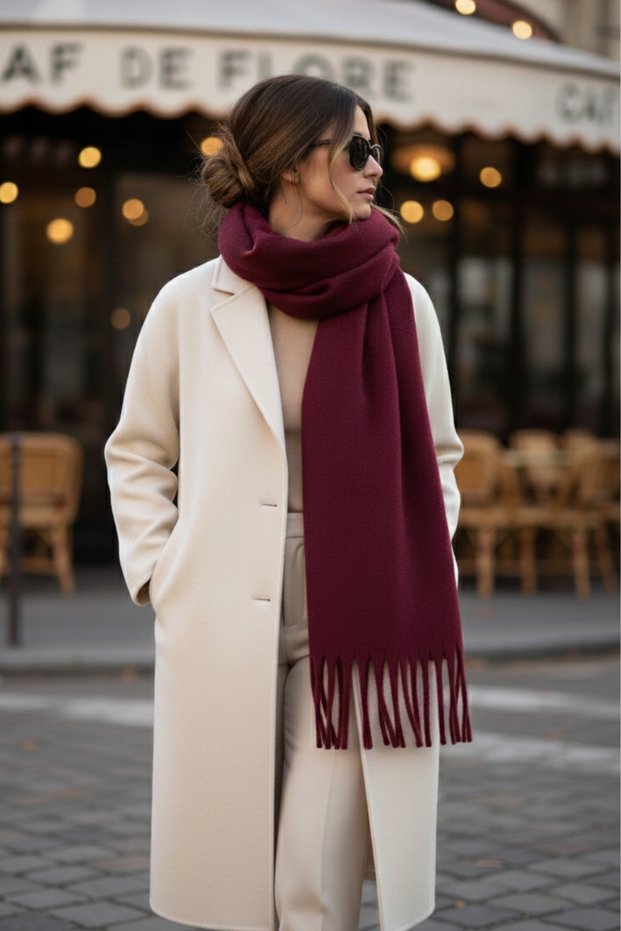 Klein Soft Touch Tassel Detailed Wool Textured Premium Burgundy Winter Shawl Fringed Scarf (195 X 45 cm)