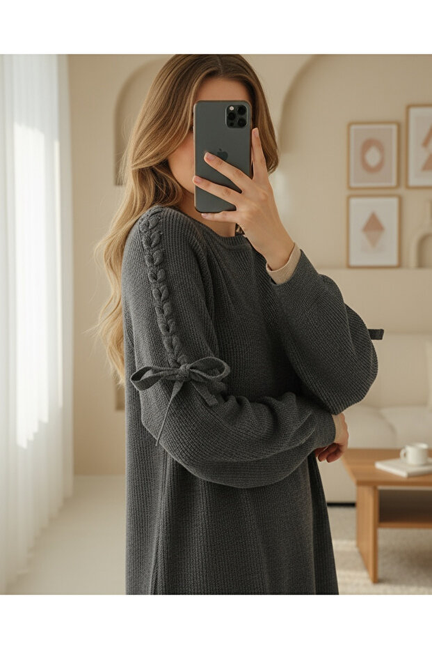 Casual Knitwear Tunic with Braided Shoulders - Smoked
