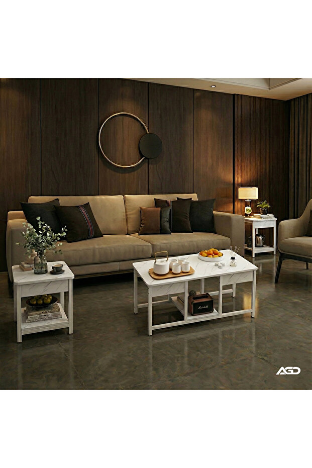 طاولات قهوة متداخلة من 3 قطع، طاولات جانبية قابلة للتكديس ، حامل تلفزيون، مساحة تخزين مفتوحة - 5