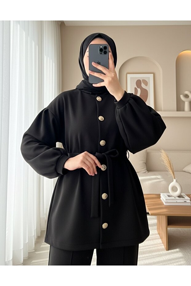 Balloon Sleeve Belted Front Buttoned Scuba Suit - Black