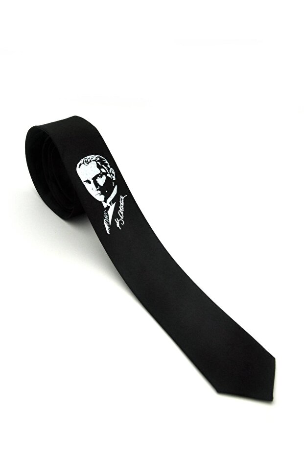 Children's Boy Ataturk and Signature B Printed Satin Black Tie - Ck-29