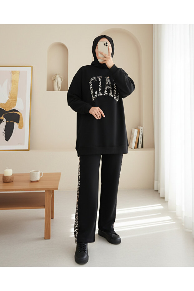 Three-Thread Sweat Suit with Leopard Print Detail on the Front - Black