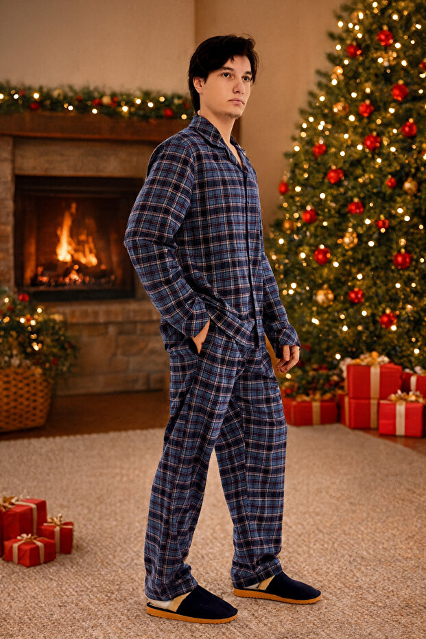 KARELİ EKOSE PAMUKLU CEKET YAKA ÖNDEN DOĞMELİ ERKEK PİJAMA TAKIMI - 2