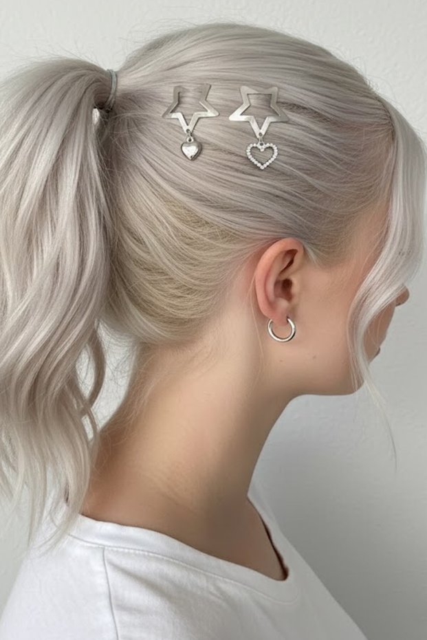 Set of 2 Silver Color Star Figured Heart Detailed Side Buckle