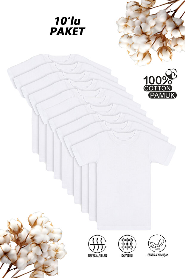 Özkan 0706 10-Pack Boys' 100% Cotton Ribbed Undershirt Flexible Comfortable Half Sleeve Closed Collar T-Shirt