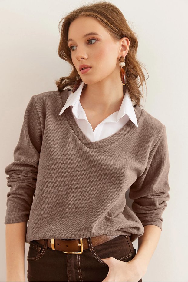 Women's Camel Shirt Collar Detailed Thessaloniki Blouse Blz- 19002777