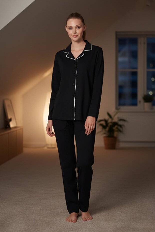 Women's Long Sleeve Buttoned Pajama Set Black 100% Cotton