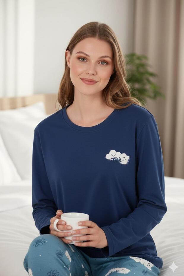 Women's Navy Blue Long Sleeve 100% Cotton Pajama Set Comfortable and Soft Texture
