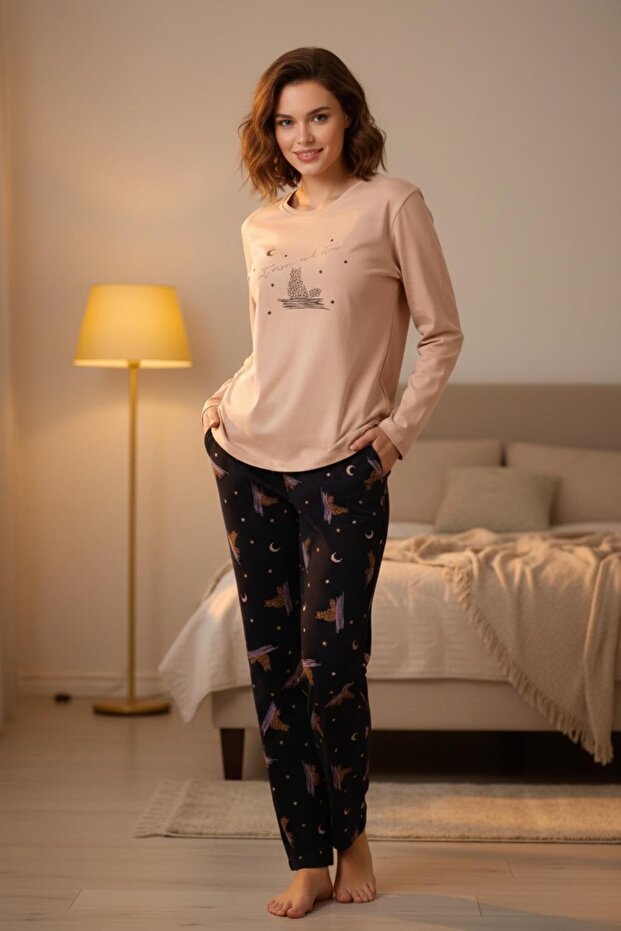 Women's Cotton Long Sleeve Pajama Set Beige Comfortable Fit Soft Texture