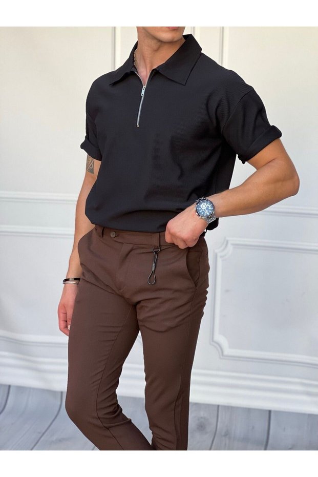 Men's Black Slim F Corded Fabric High Quality Zipper Detailed O Oversized T-Shirt