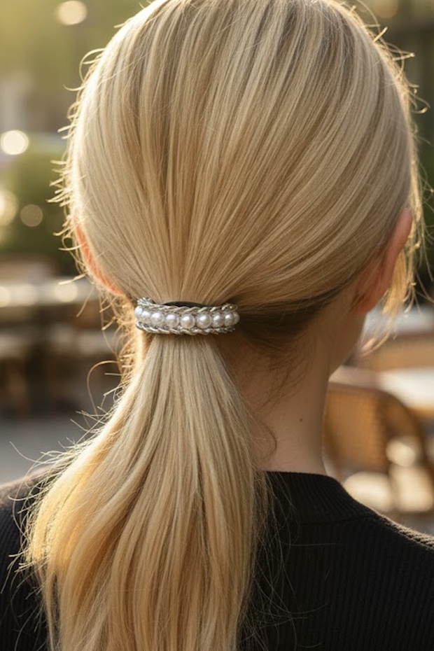 Silver Color Metal Pearl Detailed Rubber Buckle