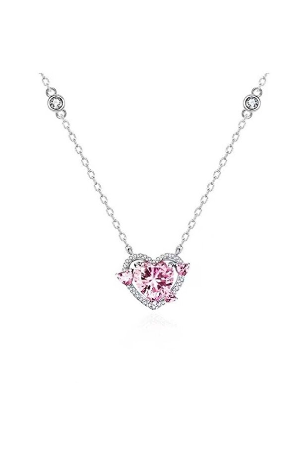 Silver Color Chain Pink Crystal Heart Necklace