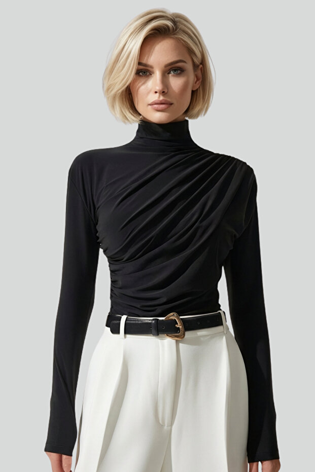 Women's Black Ruched Detail Soft Fabric and Flowy Mock Neck Elegant Sandy Blouse Office Casual