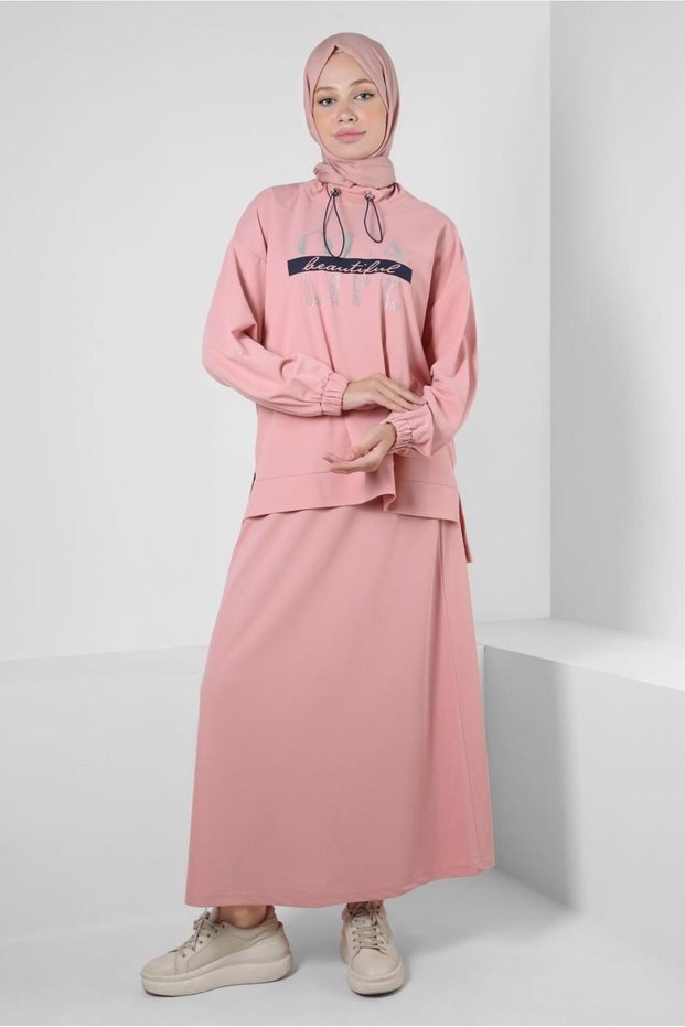 Text and Stone Printed Skirt Track Suit Set 43595