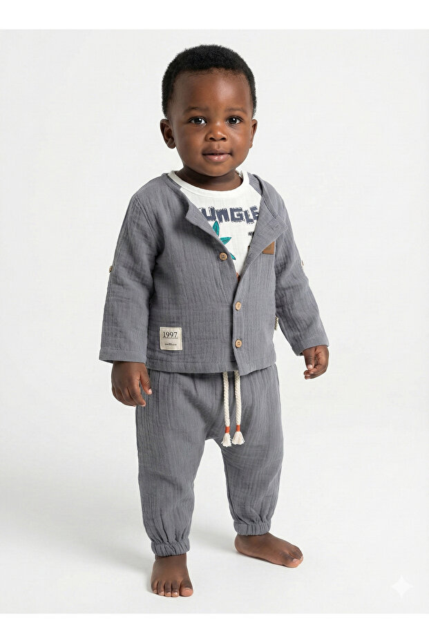 Giraffe Patterned 3-Piece Baby Boy Set 9-12-18 Months - Long Sleeve Shirt+T-Shirt+Muslin Shorts Set