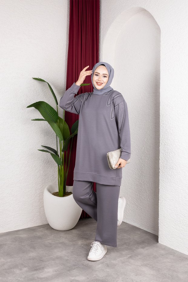 Moda Efsa Women's Gray Hijab Clothing Elegant Stone Detailed Tunic & Trousers Two-Piece Suit