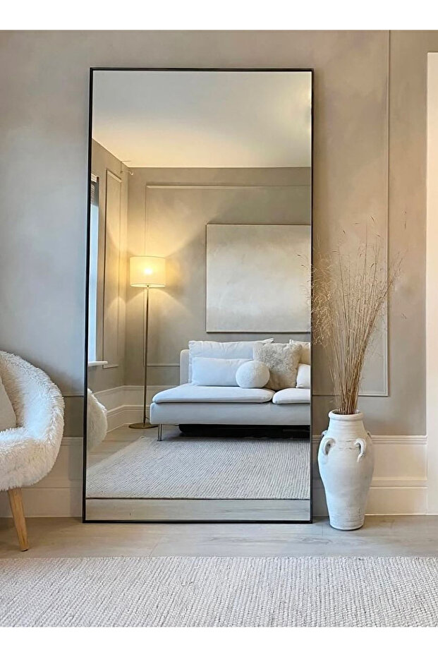 مرآة كبيرة جدًا بتصميم أنيق 180 × 80 سم - إطار معدني أسود وحامل خلفي