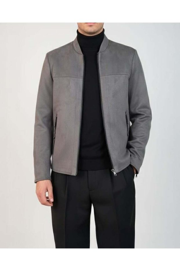 Italian Style Slim Fit Seasonal Men's Suede Coat Gray T9175