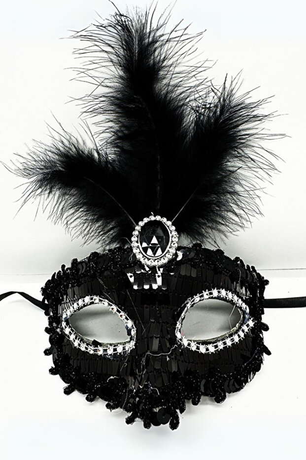 Black Color Feathered Eyes with Stones Prom Party Mask